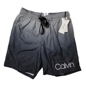 Calvin Klein Mens Small Quick-Dry UV 50 Ombre‎ Stripe 7 in. Swim Trunks Black